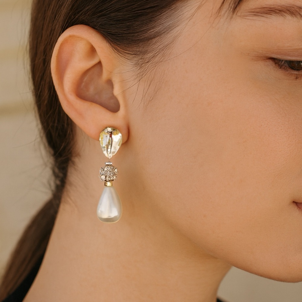 Crystal and Pearl Drop Earrings VINTAGE